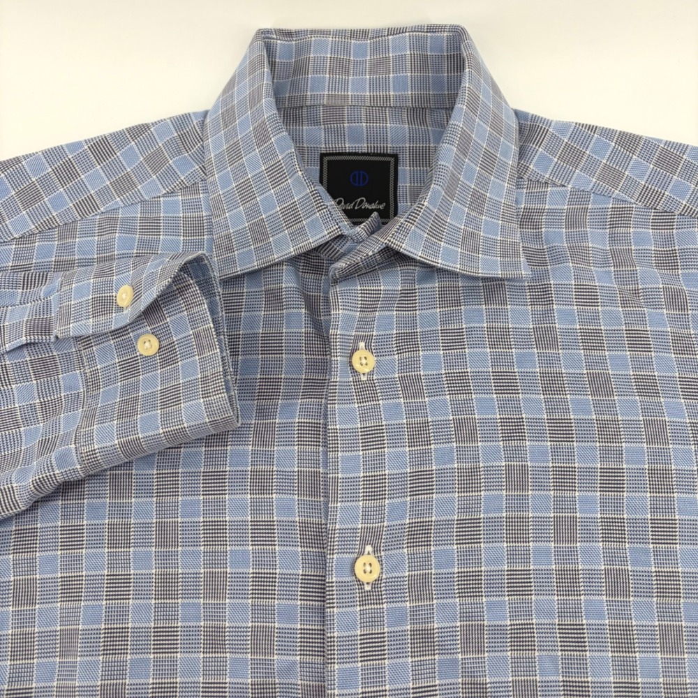 David Donahue Mens Blue Grey Plaid Trim Fit Dress Shirt 15.5 34/35 Cotton